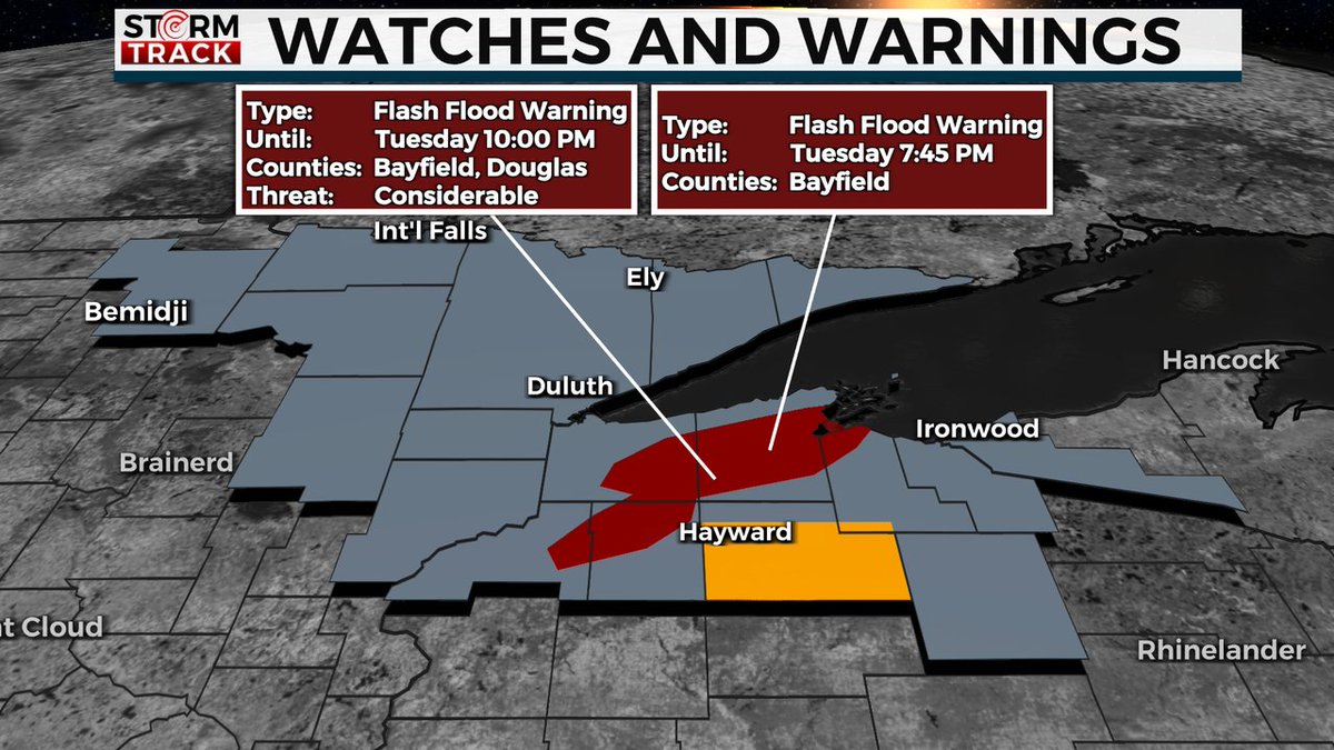 WDIO STORM TRACK ALERT:  Flash Flood Warning for Bayfield, Douglas Counties.  More details about the alert can be found at wdio.com/weather-alert/
