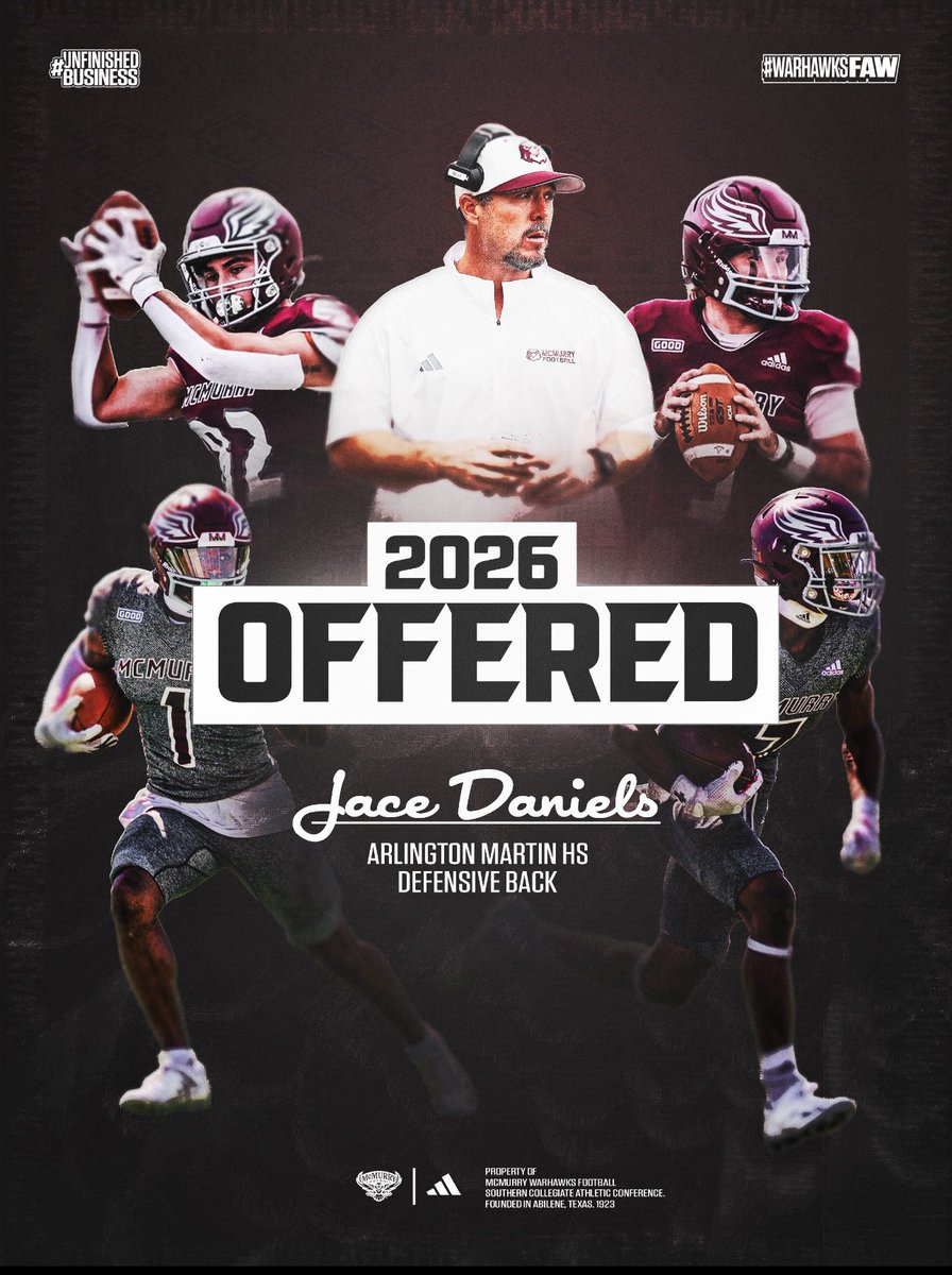 Jace Daniels (@jxcedaniels) on Twitter photo After a great camp and coversation with <a href="/kjkelley_1/">KJ Kelley</a> I’m blessed to to receive an 🅾️ffer from <a href="/McMURRYFOOTBALL/">McMURRY FOOTBALL</a> #DTP #DIFFERENT <a href="/Coach_Muller/">Coach Muller</a> <a href="/SharumJacob/">Jacob Sharum</a> <a href="/TXTopTalent/">TX TOP TALENT</a> @On3Recruits <a href="/Martin_Football/">MARTIN FOOTBALL</a> <a href="/MikeRoach247/">Mike Roach</a> <a href="/ChadSimmons_/">ChadSimmons</a> <a href="/TXRecruits/">Texas Recruits</a> <a href="/Martin_Football/">MARTIN FOOTBALL</a> After a great camp and coversation with <a href="/kjkelley_1/">KJ Kelley</a> I’m blessed to to receive an 🅾️ffer from <a href="/McMURRYFOOTBALL/">McMURRY FOOTBALL</a> #DTP #DIFFERENT <a href="/Coach_Muller/">Coach Muller</a> <a href="/SharumJacob/">Jacob Sharum</a> <a href="/TXTopTalent/">TX TOP TALENT</a> @On3Recruits <a href="/Martin_Football/">MARTIN FOOTBALL</a> <a href="/MikeRoach247/">Mike Roach</a> <a href="/ChadSimmons_/">ChadSimmons</a> <a href="/TXRecruits/">Texas Recruits</a> <a href="/Martin_Football/">MARTIN FOOTBALL</a>