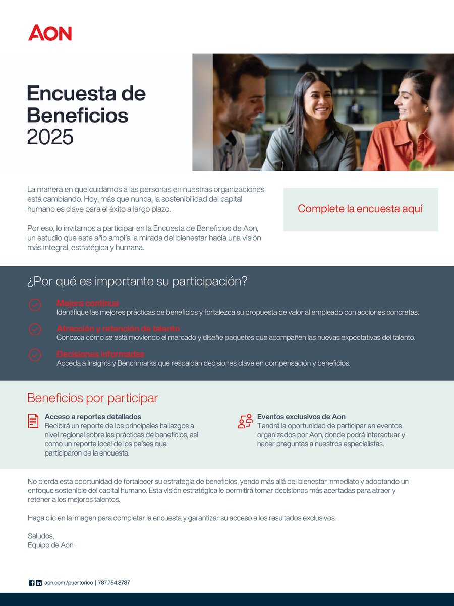 🔍 Participa en la Encuesta de Beneficios 2025 – Aon Puerto Rico

Tu visión ayudará a construir estrategias más humanas y sostenibles para el capital humano. 💼✨

✔️ Reportes exclusivos
✔️ Buenas prácticas
✔️ Eventos Aon
📩 ow.ly/LLrx50WqhNy

#AonPuertoRico #CapitalHumano
