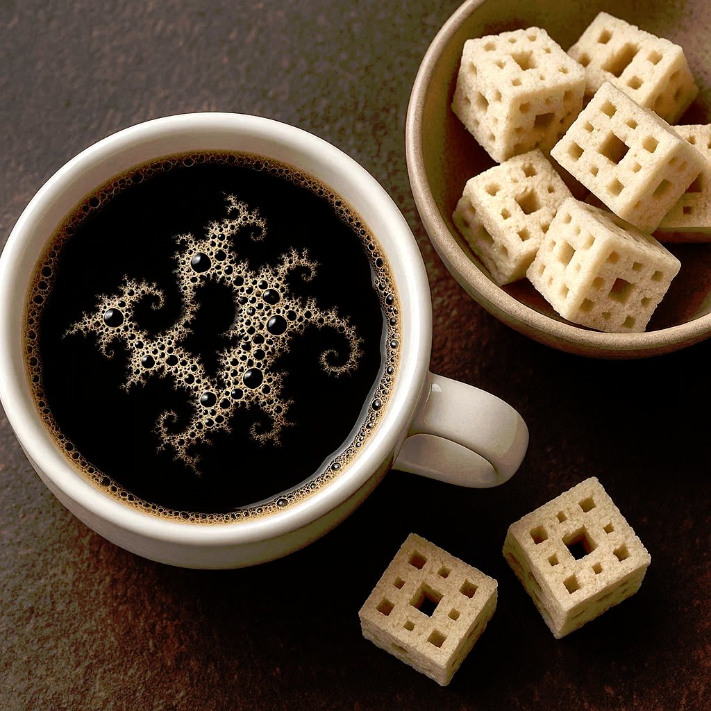 pickover's tweet image. You are relaxing in a coffee shop. 

Suddenly, an attractive barista surprises you with a fractal atop your coffee, along with fractal sugar cubes, while whispering alluring phrases like &quot;Goldbach Conjecture&quot; and &quot;Riemann Hypothesis.&quot;

Image sent to me from: @HennieKotze9