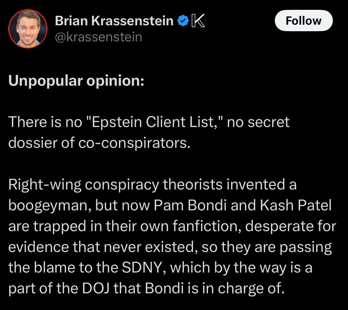 TSDmemes's tweet image. The problem with the republicans’ mishandling the Epstein file issue is it gives ammunition to leftist grifters (like @krassenstein ) who were never previously in search for justice.
They get to jump on the righteous bandwagon now because it’s convenient and they can capitalize…