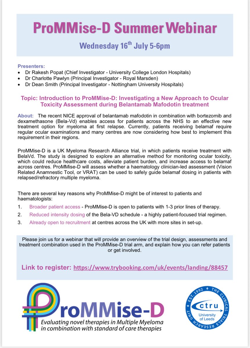 Rakesh Popat (@drrakeshpopat) on Twitter photo 📣 UK health care professionals!
Join myself, Charlotte Pawlyn and Dean Smith tomorrow at 5pm BST to hear about how you can join us in the UKMRA ProMMise trial.
<a href="/_DrCP/">Charlotte Pawlyn</a> <a href="/DrDeanESmith/">Dean Smith</a> <a href="/LeedsCTRU/">Leeds CTRU</a>
Details below 👇👇👇 📣 UK health care professionals!
Join myself, Charlotte Pawlyn and Dean Smith tomorrow at 5pm BST to hear about how you can join us in the UKMRA ProMMise trial.
<a href="/_DrCP/">Charlotte Pawlyn</a> <a href="/DrDeanESmith/">Dean Smith</a> <a href="/LeedsCTRU/">Leeds CTRU</a>
Details below 👇👇👇