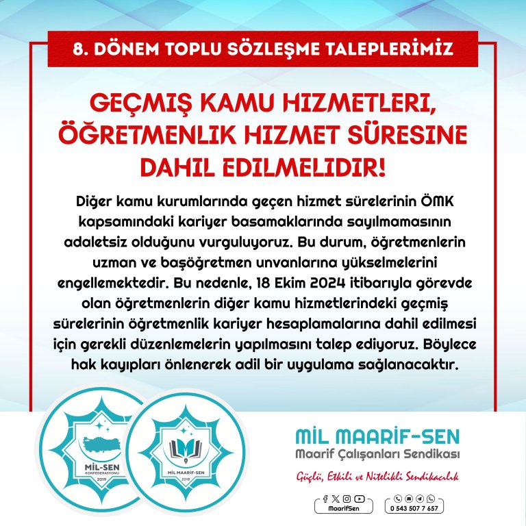 🕰️Geçmiş kamu hizmetleri öğretmenlik hizmet süresine dahil edilmelidir.

Kariyer basamaklarında eşitsizlik son bulmalıdır.

#EşitHizmet #TopluSözleşme2025 
#MaarifSen #MilSen <a href="/csgbakanligi/">T.C. Çalışma ve Sosyal Güvenlik Bakanlığı</a> <a href="/HMBakanligi/">T.C. Hazine ve Maliye Bakanlığı</a> <a href="/tcmeb/">Millî Eğitim Bakanlığı</a>