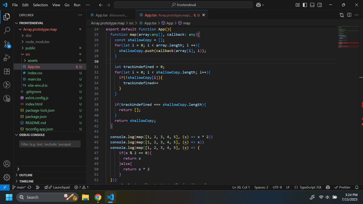 Completing the Array prototype map challenge made me wonder if I could have thought about it another way. I felt like I finished it way too fast for the time limit given 😅 So I'm going to revist it tomorrow to see if I can make it as similar to the map array method as possible