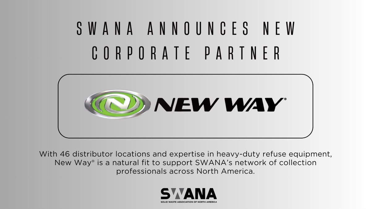 New Way® is SWANA’s newest corporate partner! 🚛 As the largest privately-owned refuse equipment manufacturer in North America, New Way will support SWANA Safety programs, our RCon™ conference, &amp; more.

📖 Read more: bit.ly/3GtO08p

#SWANARCon #NewWayTrucks #Partnership