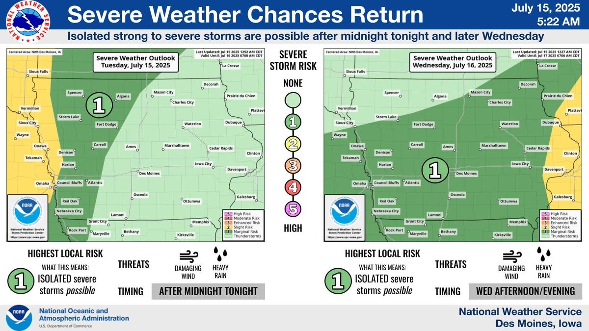 Storms expected after midnight tonight in W IA, moving E through the AM. Isolated strong to severe storms possible with gusty winds and locally heavy rain the main threats. More strong storms may occur Wednesday afternoon/eve depending the morning activity. #iawx