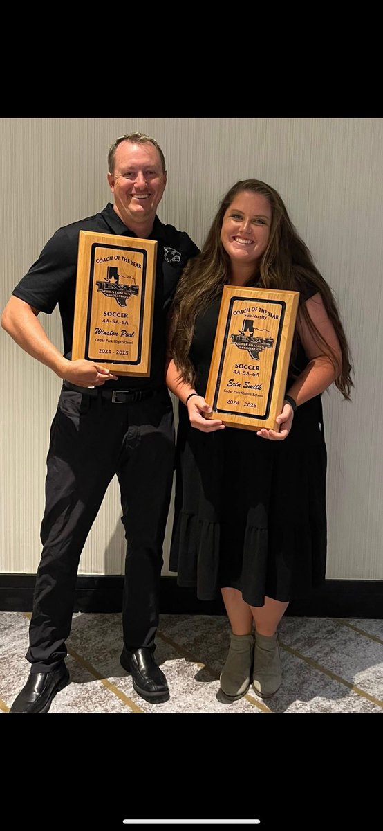 <a href="/CPHSWomenSoccer/">Cedar Park Women’s Soccer</a> Congratulations to Head Coach Winston Pool and Assistant Coach Erin Smith for being awarded the Texas Girls Coaching Association Girls Soccer Head Coach and Sub-Varsity Coach of the year!  Well deserved!  We are so proud of you!  #OneStandard #Attack
