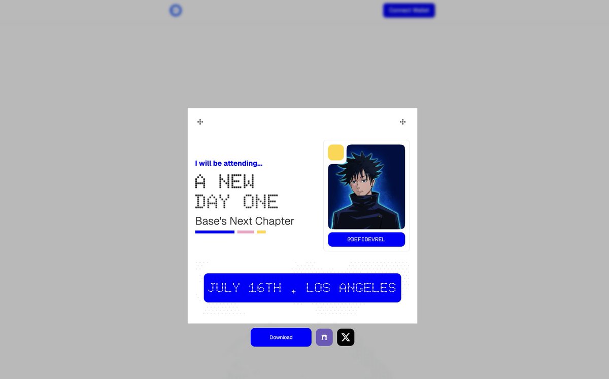 TBA!!!!!
We shipped an app to personalize your proof of social attendance at the <a href="/base/">Base</a>'s  NEW DAY ONE  event happening tomorrow in Los Angeles.

Try it out: newdayone.vercel.app