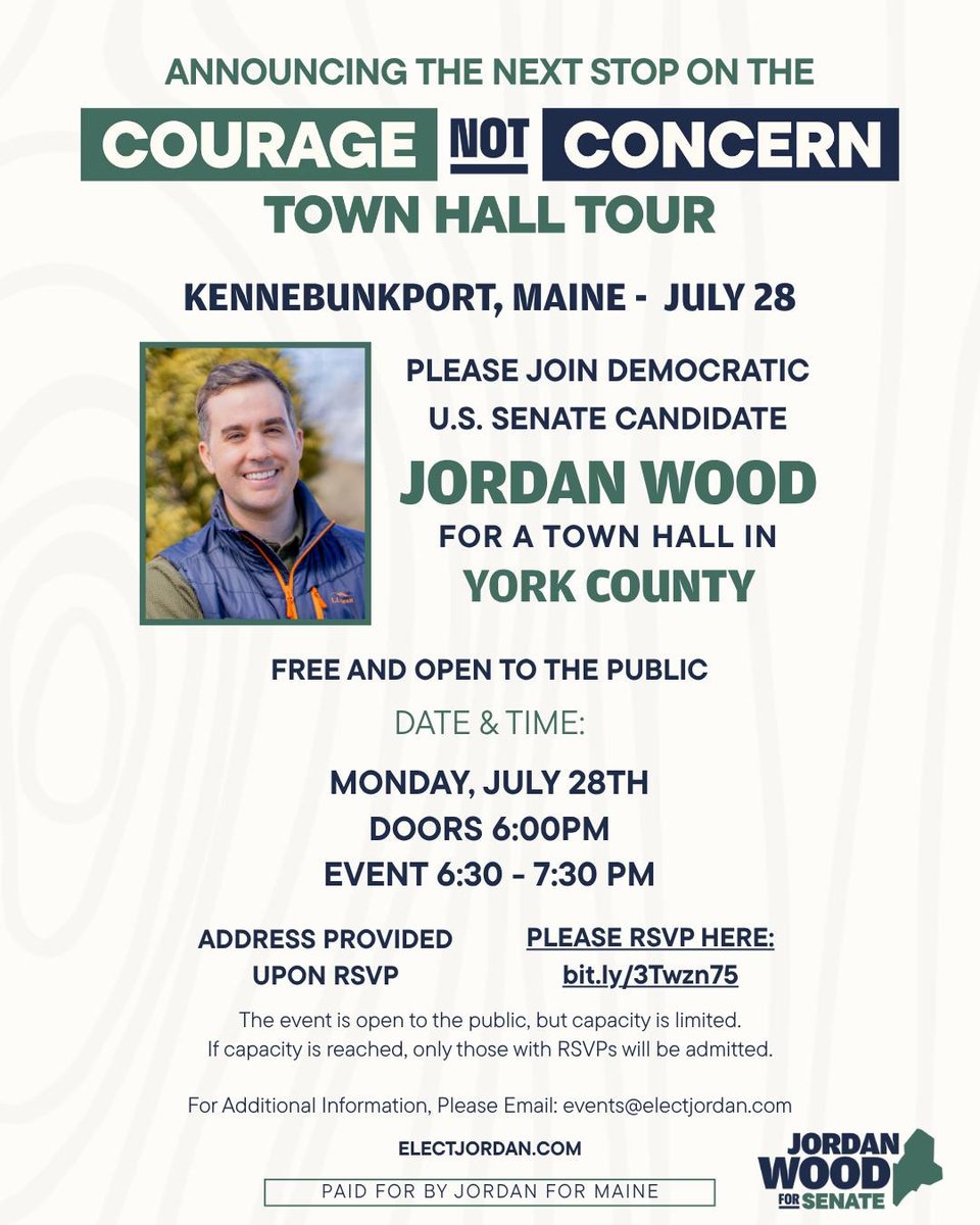 JordanWoodME's tweet image. York County we are bringing the Courage Not Concern Town Hall Tour to you!
Join me a week from today in Kennebunkport. Sign up here: mobilize.us/electjordan/ev…