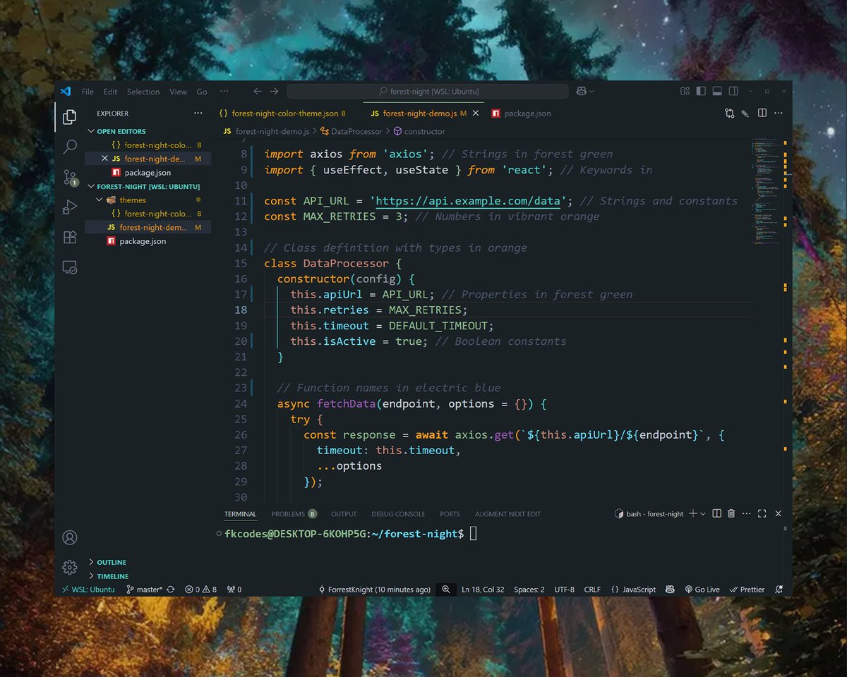 Finally made my custom VS Code theme. 

I aptly named it "Forest Night" until I saw that was taken so changed it to "Forest Night - Ethereal".

Check it out on the marketplace now. Link below.
