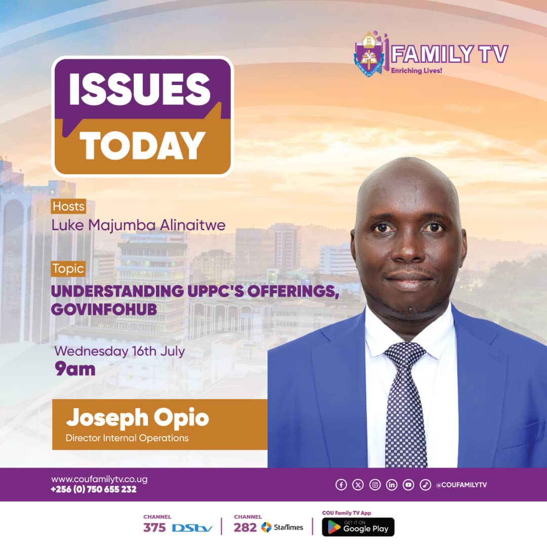 coufamilytv's tweet photo. On tomorrow's #IssuesToday at 9AM, @lukealinaitwe hosts Joseph Opio and Marvin Mutenyo to explore UPPC's offerings, GovInfoHub.
Don't miss this eye-opening conversation!
#EnrichingLives https://t.co/b1yOmVMZkz