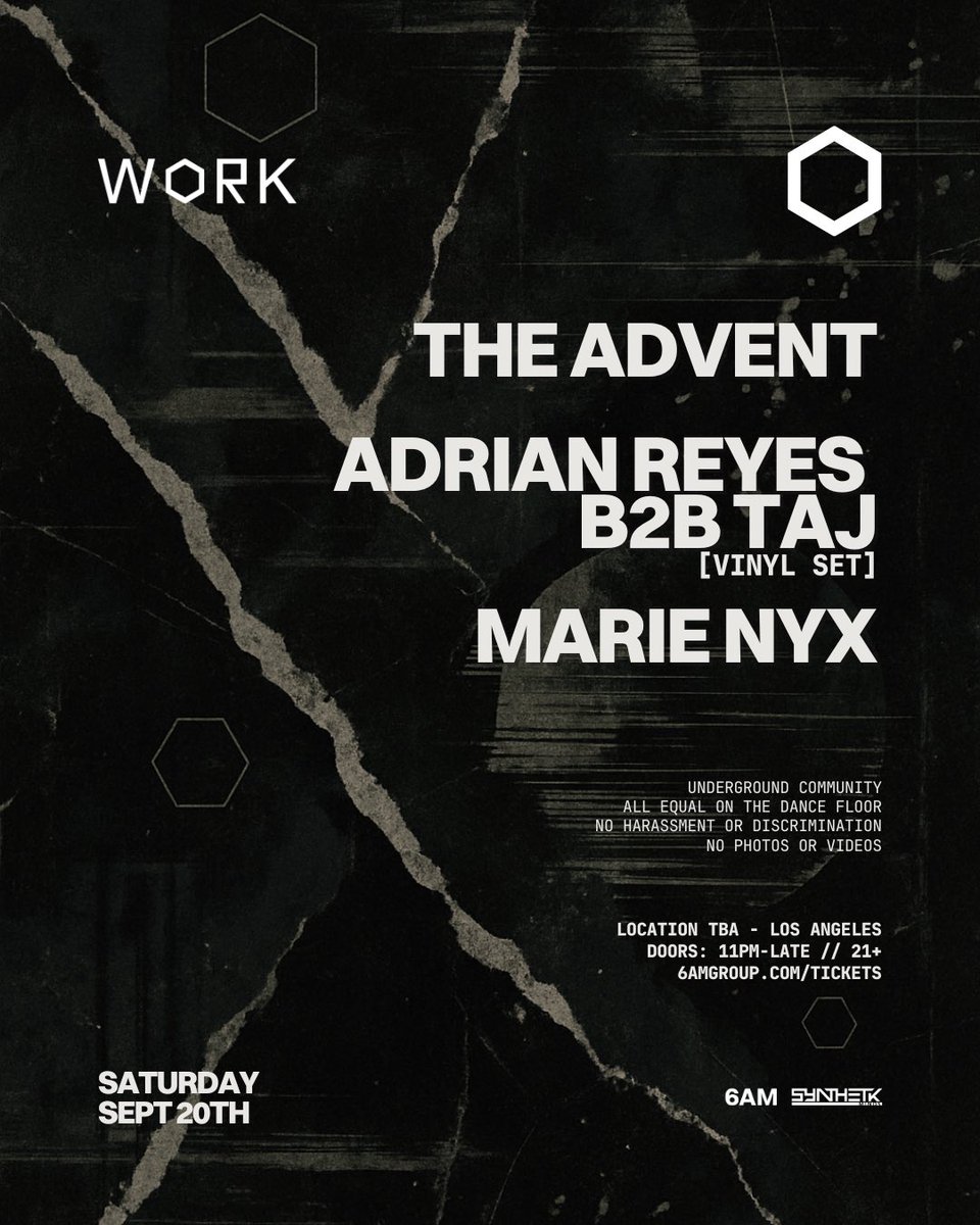 🚨 JUST ANNOUNCED 🚨

Sept 19 - WORK Harder presents SNTS, EMILIANA &amp; DOOSTAH

Sept 20 - WORK presents The Advent, Adrian Reyes b2b TAJ &amp; Marie Nyx

Tickets:
ra.co/events/2215100