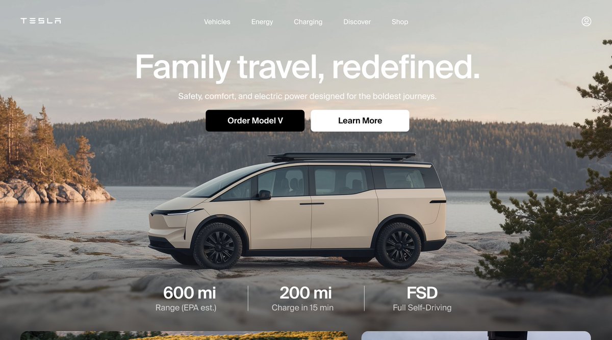 DannPetty's tweet image. I need a Tesla van ASAP!
Something that seats 7-8 with storage room.
Created with Grok + Midjourney + Figma.