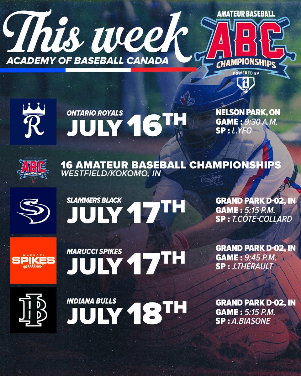 Académie de Baseball du Canada (@abcacademie) on Twitter photo Busy Week 🔥
Our 17U team is headed to Emerson, GA for the PBR 17U National Championship. <a href="/LakePointSports/">LakePoint Sports</a>
Meanwhile, our 16U team will be competing at the 16U Amateur Baseball Championships in Westfield/Kokomo, IN.
📲 Stay tuned on social media for updates all week long! Busy Week 🔥
Our 17U team is headed to Emerson, GA for the PBR 17U National Championship. <a href="/LakePointSports/">LakePoint Sports</a>
Meanwhile, our 16U team will be competing at the 16U Amateur Baseball Championships in Westfield/Kokomo, IN.
📲 Stay tuned on social media for updates all week long!