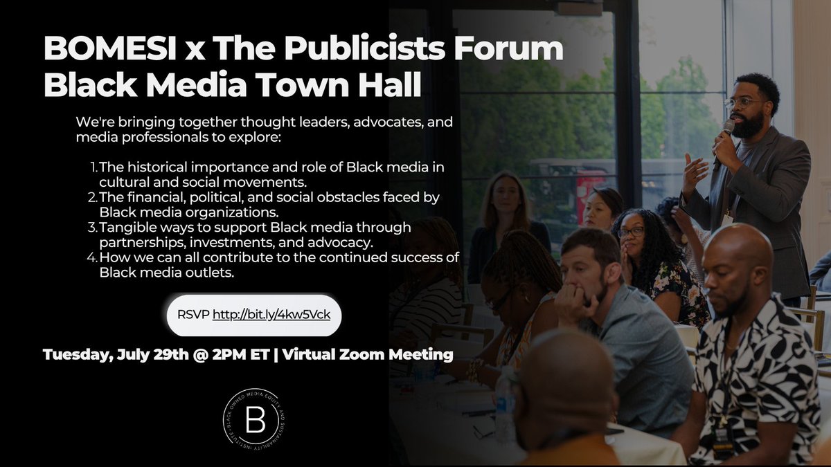 🗓️ Mark your calendar! Join BOMESI’s Black Media Town Hall July 29 at 2PM EST. Let’s talk representation, challenges &amp; solutions for Black-owned media.

RSVP: [bit.ly/4kw5Vck]
#BOMESI #MediaEquity #TownHall #BlackOwnedMedia #DigitalMedia