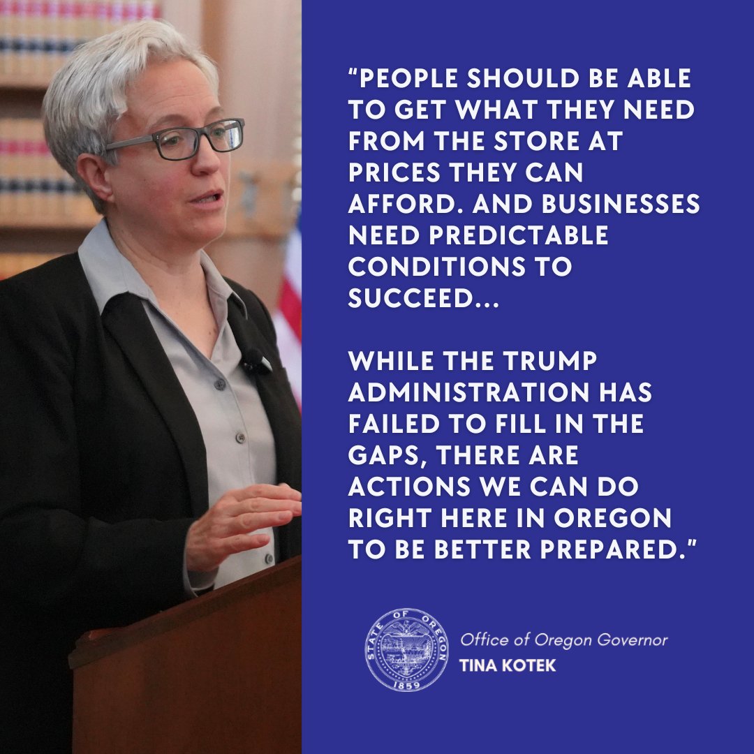 TinaKotek's tweet image. I'm directing state agencies to analyze how tariffs are impacting Oregon's economy—from supply chains to employment trends. We're joining other states taking action to understand and prepare for the challenges. Oregon businesses and families deserve stability and predictability.