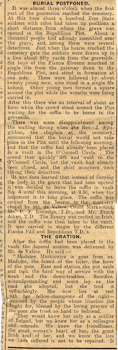 Newspaper report of the funeral of Countess Markievicz, who died on this day 98 years ago