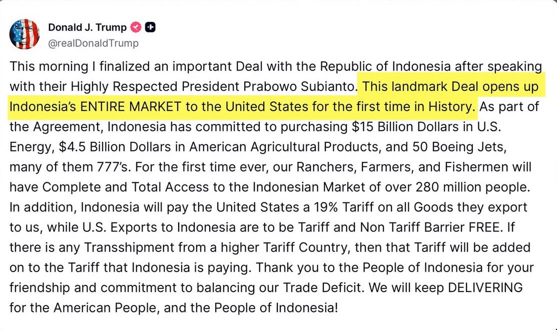 The US will sell for free to Indonesia, and the American consumer will pay 19% tariff on anything from Indonesia.
