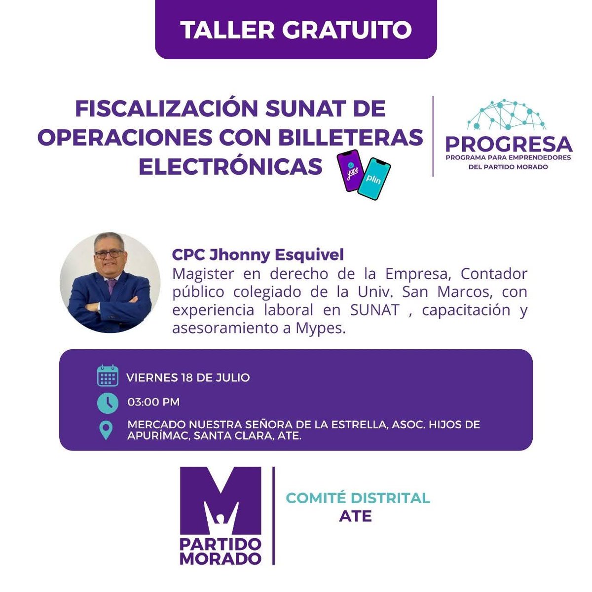 ❗ Atención emprendedores de Lima Este ❗
Los invitamos a participar del taller presencial de  "Fiscalización Sunat de operaciones con billeteras electrónicas - Casos Yape y Plin"

📣 ¡Capacítate, infórmate bien sobre los últimos cambios y evita sanciones!