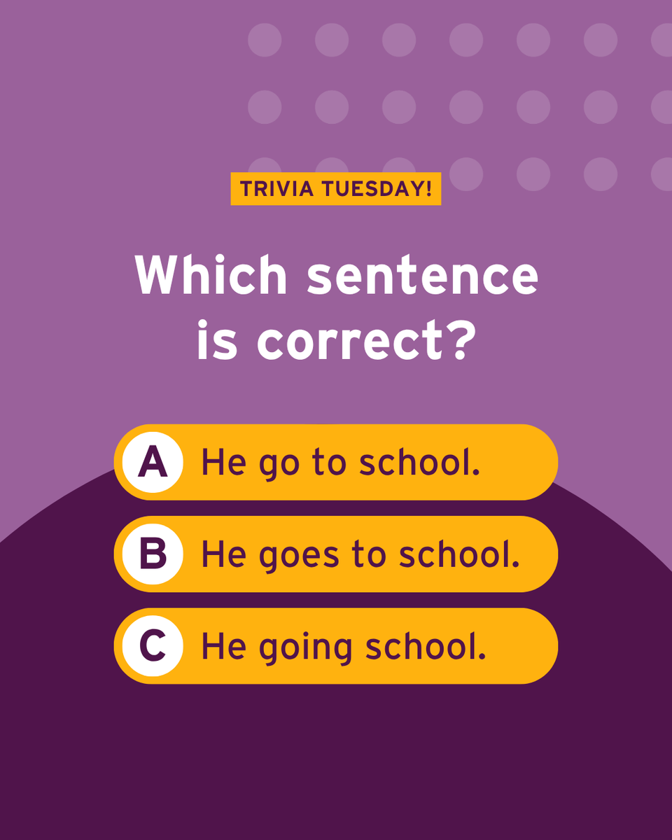 Let’s practise grammar! Which sentence is correct?

 A) He go to school. B) He goes to school. C) He going school. 🤔 

Drop your answer below!

#GrammarPuzzle #LanguageFun #TrinityCollegeLondon #Trivia #SELT #SELTExam #TriviaTuesday #B1