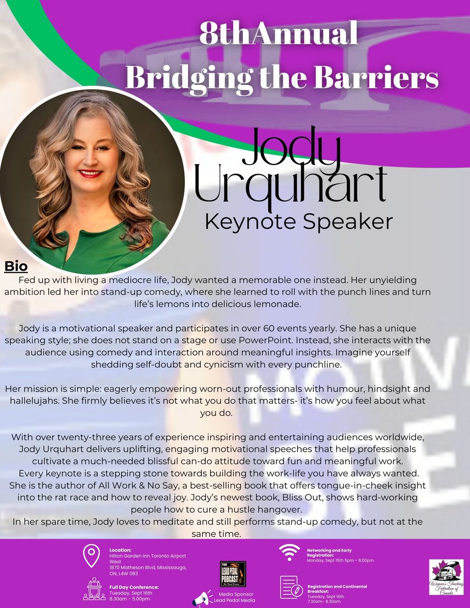 <a href="/WTFC7/">WTFC</a> is excited to host the 8th Annual Bridging the Barriers Ontario! 

The Early Bird timer goes off soon - keep your eyes on their site for more info! womenstruckingfederationofcanada.net/8th-annual-bri…
#BridgingtheBarriers #WTFC #Trucking #WomeninTrucking