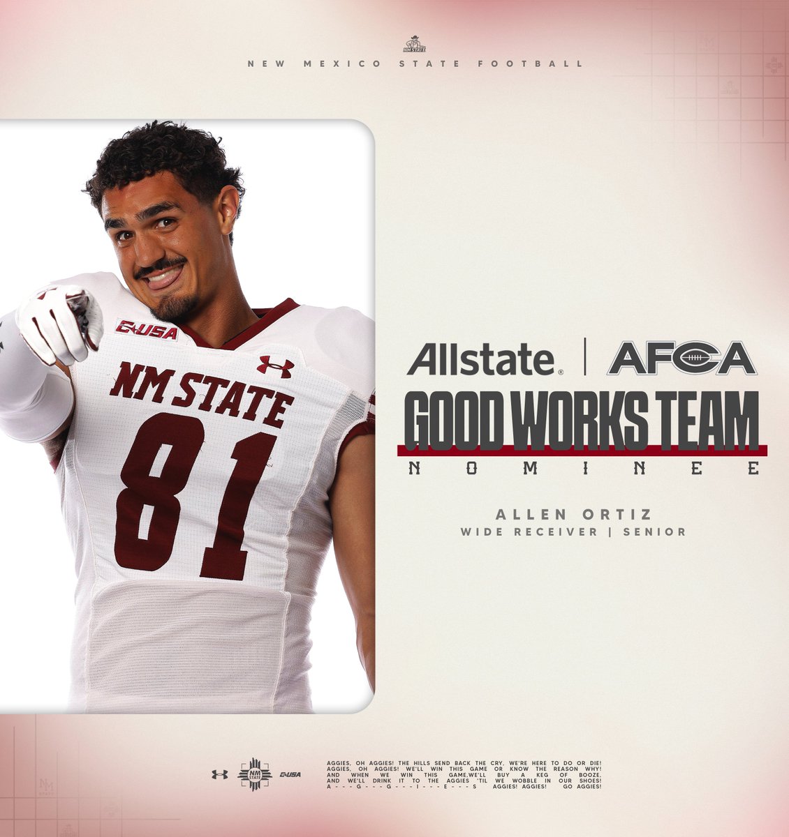 A leader in the locker room AND the community!🫡

<a href="/AllenOr40130489/">Allen Ortiz</a> has been named a 2025 <a href="/Allstate/">Allstate</a> <a href="/WeAreAFCA/">AFCA</a> Good Works Team Nominee!🏆

#AggieUp x #RideForTheBrand
