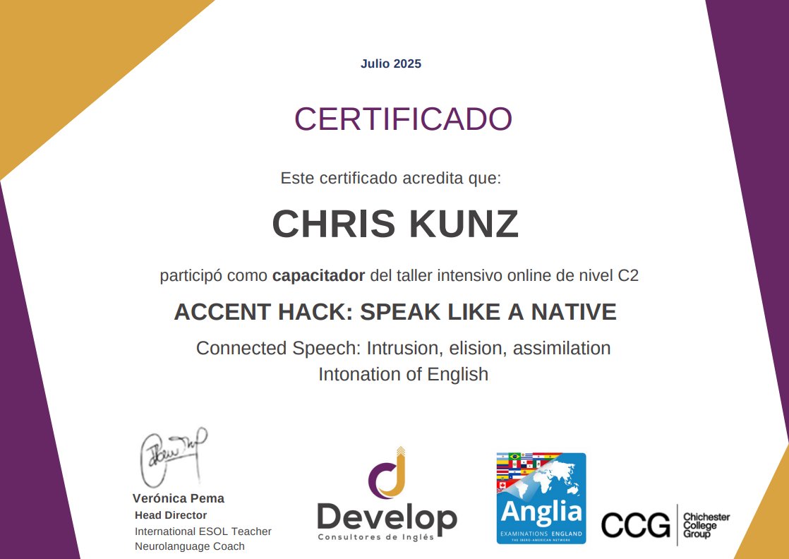anglia_ibamnet's tweet photo. Chris Kunz ha impartido dos módulos del Programa "Accent Hack" para Usuarios de la Lengua Inglesa, a nivel C2. ¡Gracias, Develop Consultora, por la invitación!

#angliaexams #betterwithanglia #ConAngliaEsMejor #ChrisKunz #ingles #C2ingles #english #learnenglish https://t.co/8Ve42a9a2y