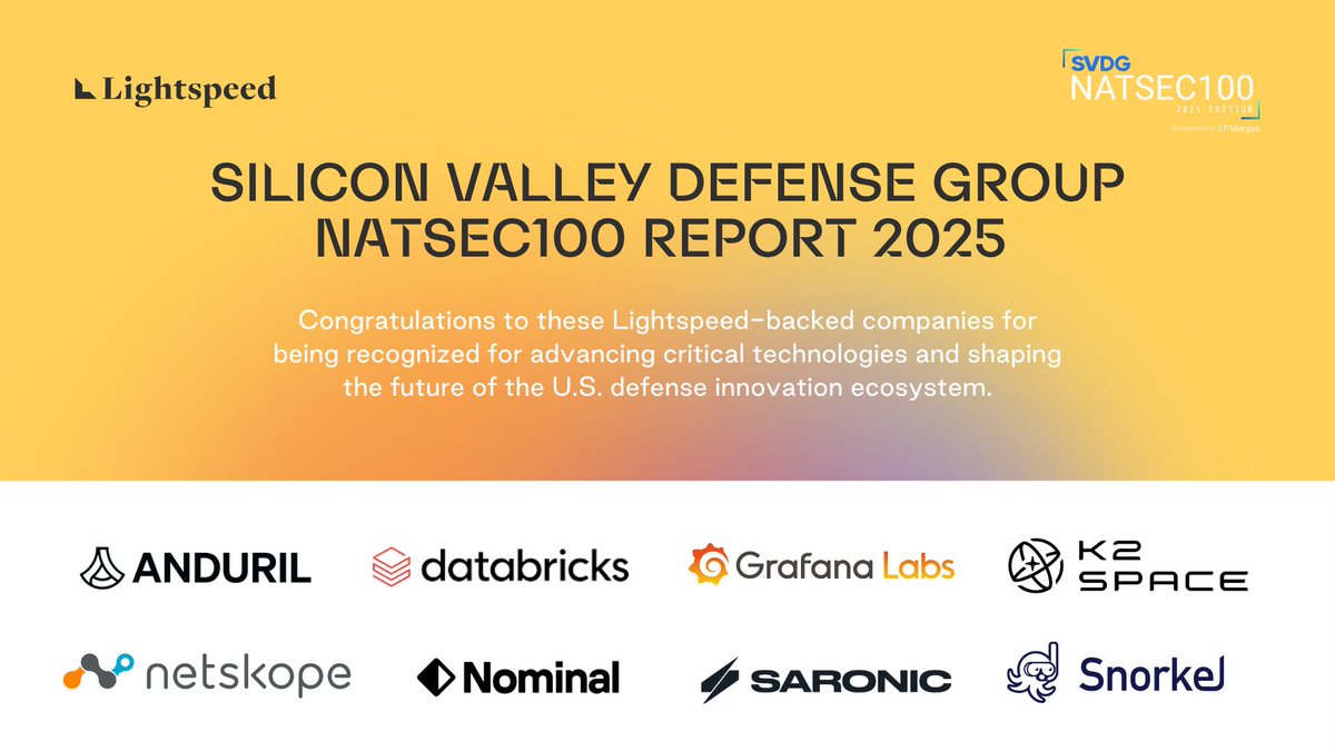 lightspeedvp's tweet image. The @SVDG_official NatSec100 report highlights their top 100 venture-backed dual-use and defense tech companies driving U.S. national security. These companies are shaping critical technologies and the future of the defense innovation ecosystem.
Congratulations to these…