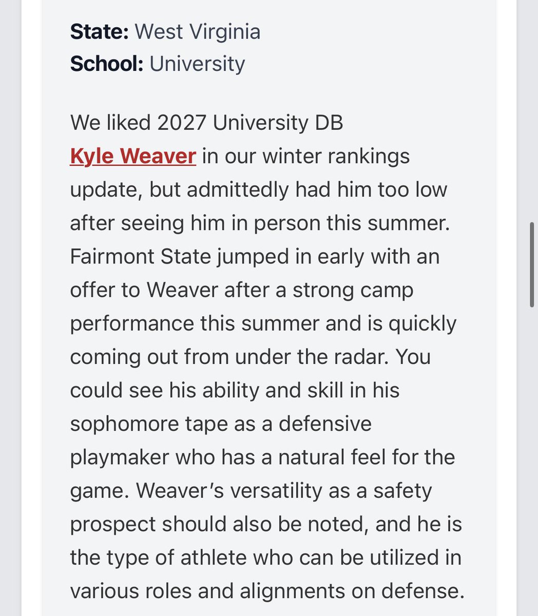 Kyle Weaver (@kyleweaver03) on Twitter photo Thank you <a href="/PrepRedzoneWV/">Prep Redzone West Virginia</a> for the write up and rankings boost to #6 overall DB/WR in my class. Excited for the upcoming season and our last 7 on 7 tomorrow <a href="/MSUEaglesFB/">Morehead State Football</a>. <a href="/CoachSnyderUHS/">Eric Snyder</a> <a href="/Coach_Lawless/">Coach Dustin Lawless</a> <a href="/CoachWoodmanMSU/">Jason Woodman</a> <a href="/Coach_Wolfley/">Stone Wolfley</a> <a href="/CoalfieldsCo/">Coalfields & Co.</a> <a href="/OhioValleyPreps/">Ohio Valley Preps</a> <a href="/OhioXsAndOs/">Ohio X’s and O’s 🏈</a> Thank you <a href="/PrepRedzoneWV/">Prep Redzone West Virginia</a> for the write up and rankings boost to #6 overall DB/WR in my class. Excited for the upcoming season and our last 7 on 7 tomorrow <a href="/MSUEaglesFB/">Morehead State Football</a>. <a href="/CoachSnyderUHS/">Eric Snyder</a> <a href="/Coach_Lawless/">Coach Dustin Lawless</a> <a href="/CoachWoodmanMSU/">Jason Woodman</a> <a href="/Coach_Wolfley/">Stone Wolfley</a> <a href="/CoalfieldsCo/">Coalfields & Co.</a> <a href="/OhioValleyPreps/">Ohio Valley Preps</a> <a href="/OhioXsAndOs/">Ohio X’s and O’s 🏈</a>