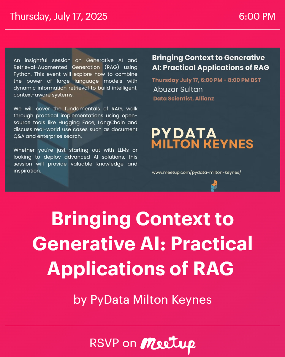 PydataMK's tweet photo. 2 days to go! 🥳
Join us as we discuss:
 Bringing Context to Generative AI: Practical Applications of RAG
✅ Over 300 RSVPs on Meetup!
📢 Our speakers are all set 🔥
Don't miss this deep dive into Retrieval-Augmented Generation! #PyData #GenAI #RAG #AIinPractice https://t.co/gH19n4p7W0