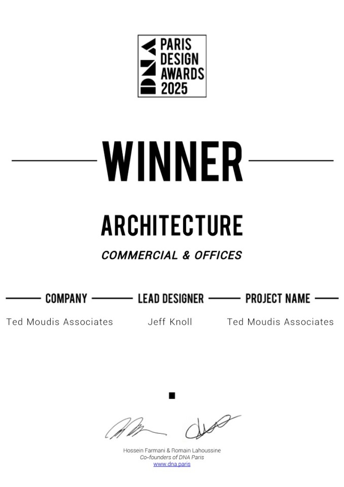 TedMoudis's tweet image. TMA is a #ParisDesignAwards 2025 Winner! 🔥
We won the Award for Architecture in Commercial &amp;amp; Offices! The project submitted was TMA’s own new office. Thank you to our home team of architects &amp;amp; designers!
dna.paris/winner/zoom.ph… #interiordesign #archtiecture #officedesign