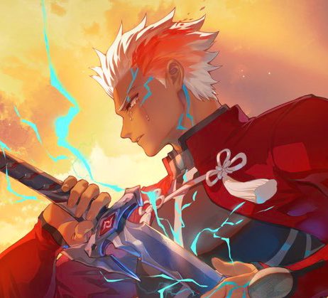 Archer’s crying since he’s reliving Archeon’s memories after tracing her sword. He may also remember parts of his own memory. His hair turning red also calls back to his past self as he still has a semblance of humanity deep inside himself…this is so peak…