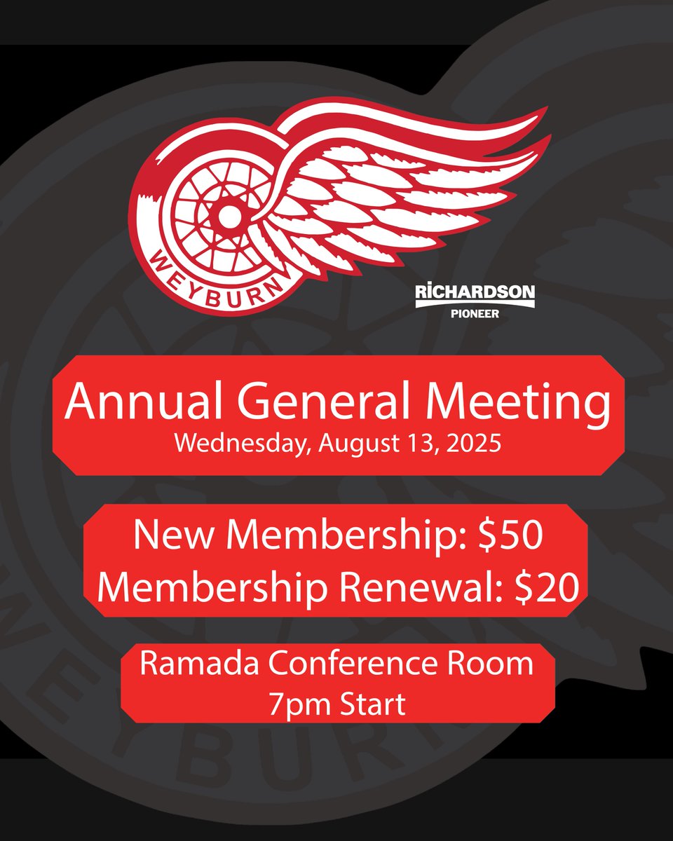 weyburnredwings's tweet image. 📝 Interested in becoming a Weyburn Red Wings member?
Come to the office to renew your membership, or become a new member before the AGM on August 13.
New Membership: $50
Membership Renewal: $20
#WeyburnRedWings #SJHL #AGM