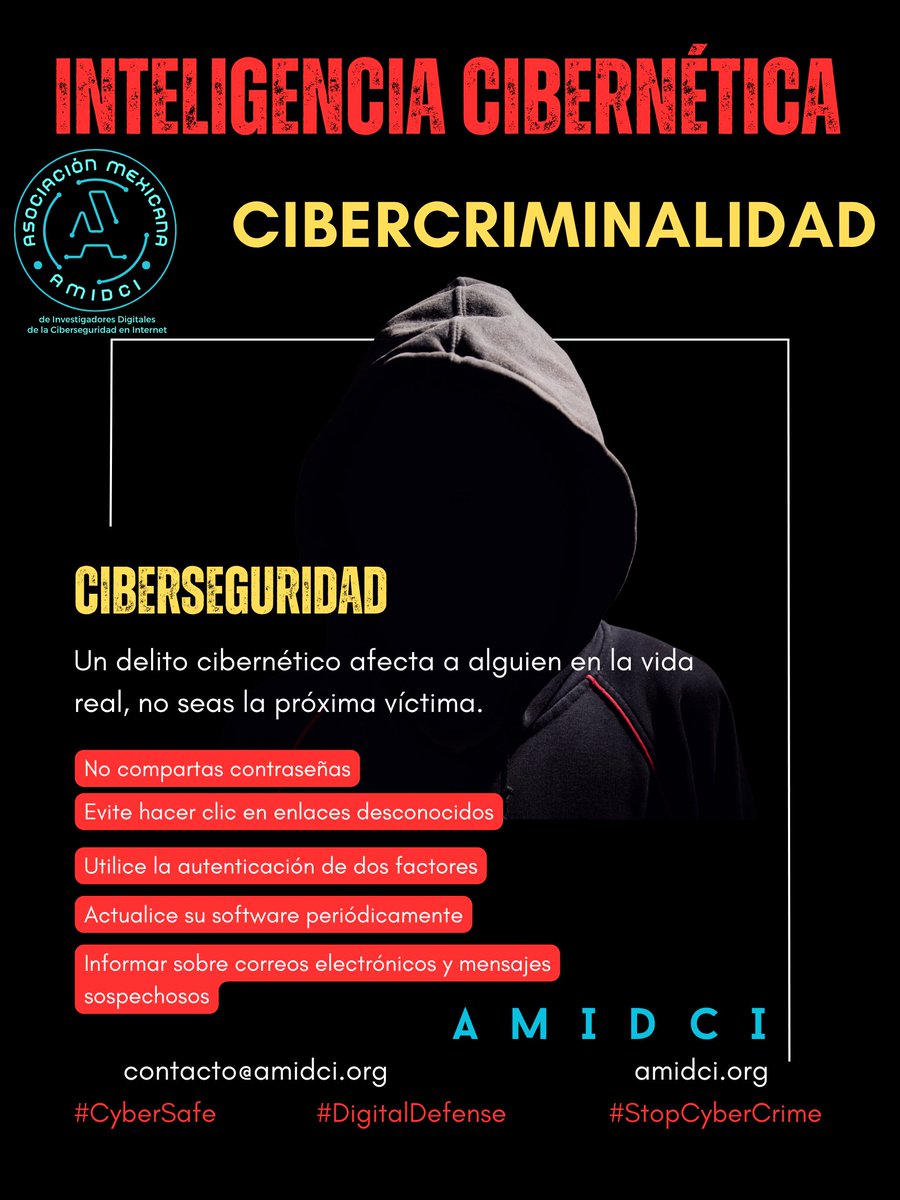 Un delito cibernético afecta a alguien en la vida real, no seas la próxima víctima. 
#Infórmate #AMIDCI #ciberseguridad #InternetSeguro #DatosBiométricos #DelitosCiberneticos