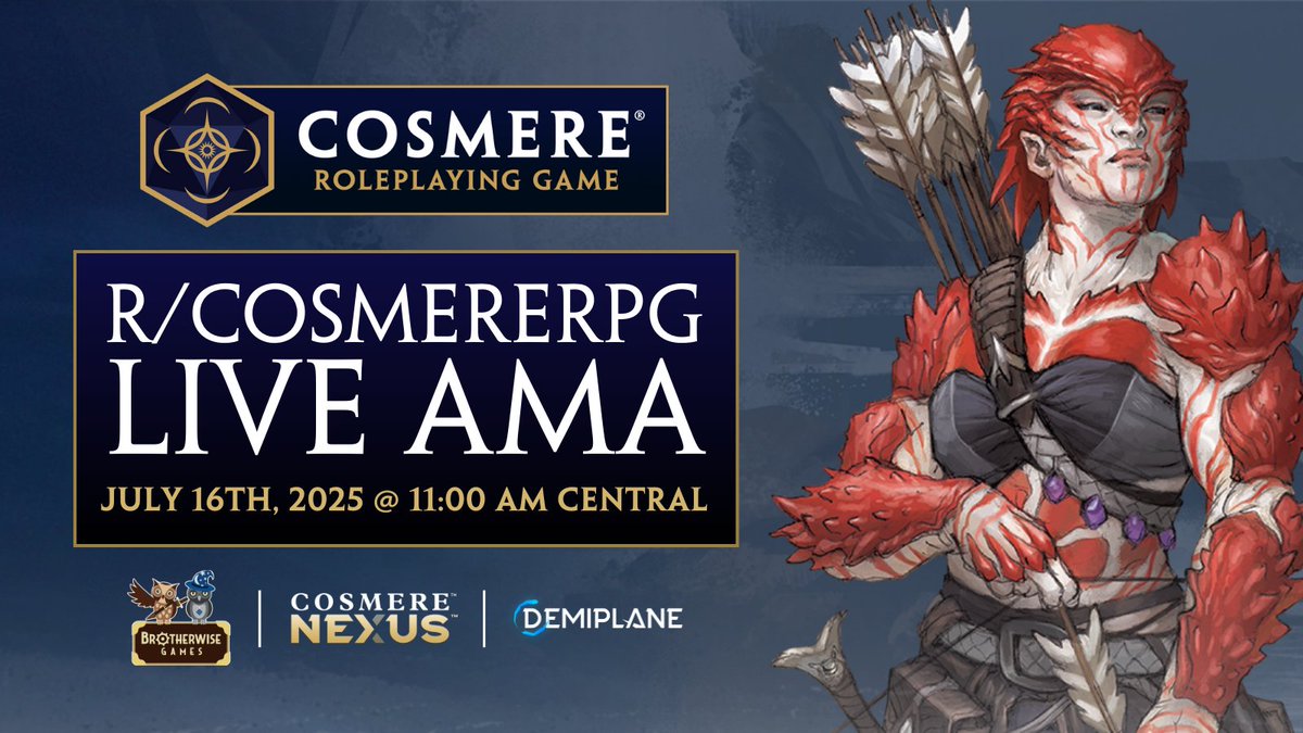 DemiplaneRPG's tweet image. Coming Soon!
🥳 #CosmereRPG from @bwisegames and do we HAVE SOME COOL EVENTS TO CELEBRATE!
⚡️ We will be hosting a live AMA tomorrow with our radiant partners at Brotherwise on the r/cosmererpg subreddit and more!
👀 Check out the schedule this week:
reddit.com/r/cosmererpg/c…