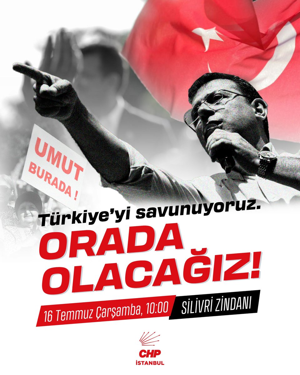 Orada olacağız! 🇹🇷

Bağımsızlığımızı savunacağız.

Halkımızın iradesini savunacağız.

Ülkemizi savunacağız.

Adalet mücadelemizi sokaklara, meydanlara, zindanlara yazmaya devam edeceğiz.

Cumhurbaşkanı adayımız Ekrem İmamoğlu’nu, rehin tutulan belediye başkanlarımızı, yol
