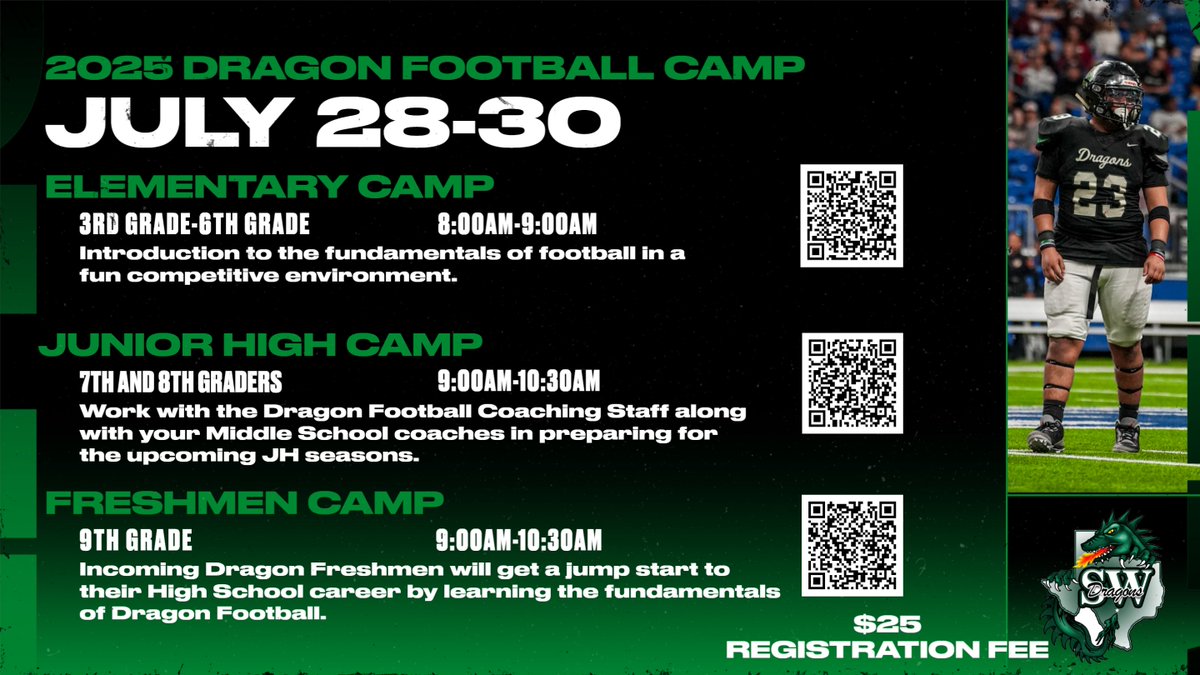 Less than two weeks away from the 2025 Dragon Football Camp! Incoming 3rd through 9th grade get registered at southwestisd.store.rankone.com/Camp/List or click on QR code! See you there!