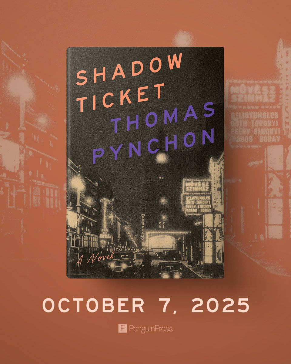 penguinpress's tweet image. We’re thrilled to share the jacket for Thomas Pynchon’s highly anticipated new novel Shadow Ticket, coming October 7, 2025!
penguinrandomhouse.com/books/316427/s…