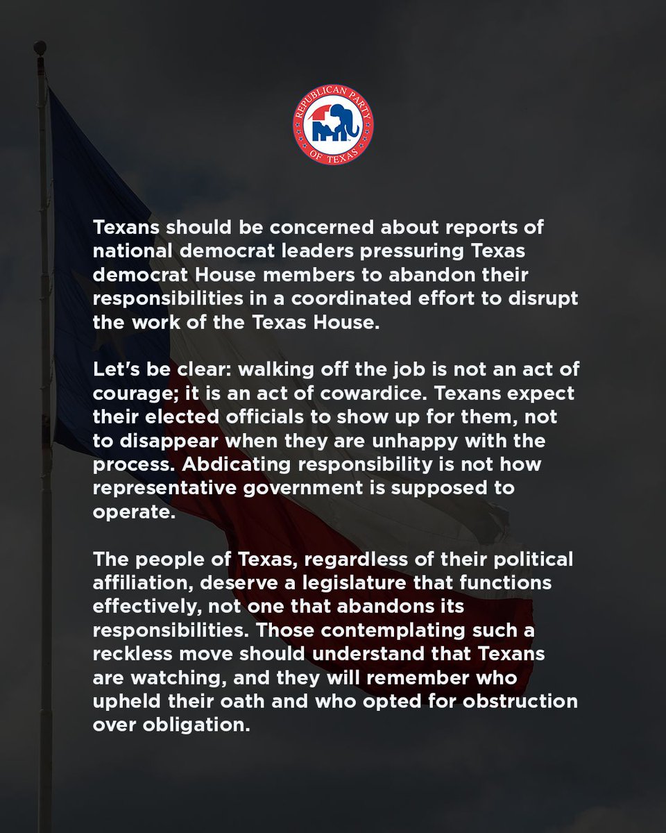 TexasGOP's tweet image. Texans should be concerned about reports of national democrat leaders pressuring Texas democrat House members to abandon their responsibilities in a coordinated effort to disrupt the work of the Texas House.
Let's be clear: walking off the job is not an act of courage; it is an…