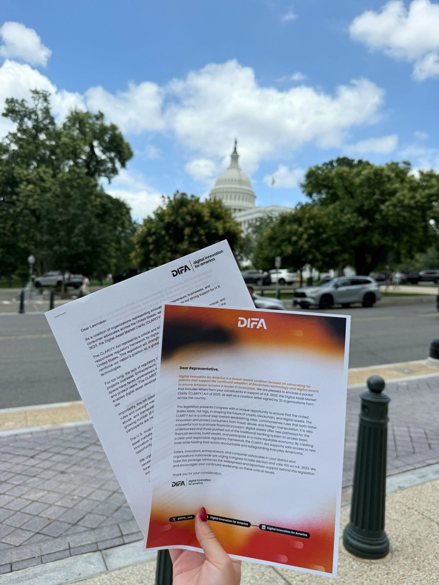 DIFA_USA's tweet image. We're on Capitol Hill today hand-delivering letters from constituents in support of the CLARITY Act. Every voice matters — and we're making sure Congress is listening. 🇺🇸 It's not too late to add your name: …pport.digitalinnovationforamerica.com/CLARITY-Act