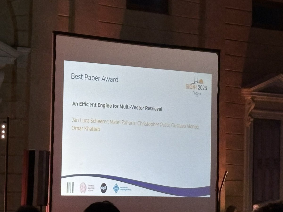 Omar Khattab (@lateinteraction) on Twitter photo The #SIGIR2025 Best Paper just awarded to the WARP engine for fast late interaction!
Congrats to Luca Scheerer🎉 WARP was his <a href="/ETH_en/">ETH Zurich</a> MS thesis, completed while visiting us at @StanfordNLP.
Incidentally, it's the fifth Paper Award for a ColBERT paper since 2020!*
Luca did an The #SIGIR2025 Best Paper just awarded to the WARP engine for fast late interaction!
Congrats to Luca Scheerer🎉 WARP was his <a href="/ETH_en/">ETH Zurich</a> MS thesis, completed while visiting us at @StanfordNLP.
Incidentally, it's the fifth Paper Award for a ColBERT paper since 2020!*
Luca did an