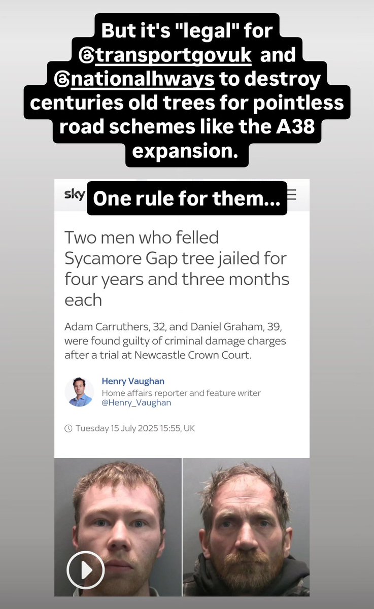 A38Expansion's tweet image. Four years and 3 months in prison for one tree. While @transportgovuk use millions of tax money to destroy thousands of trees because they can't be bothered to go back to the drawing board and develop a sustainable, non-destructive solution for the A38 Derby junctions.