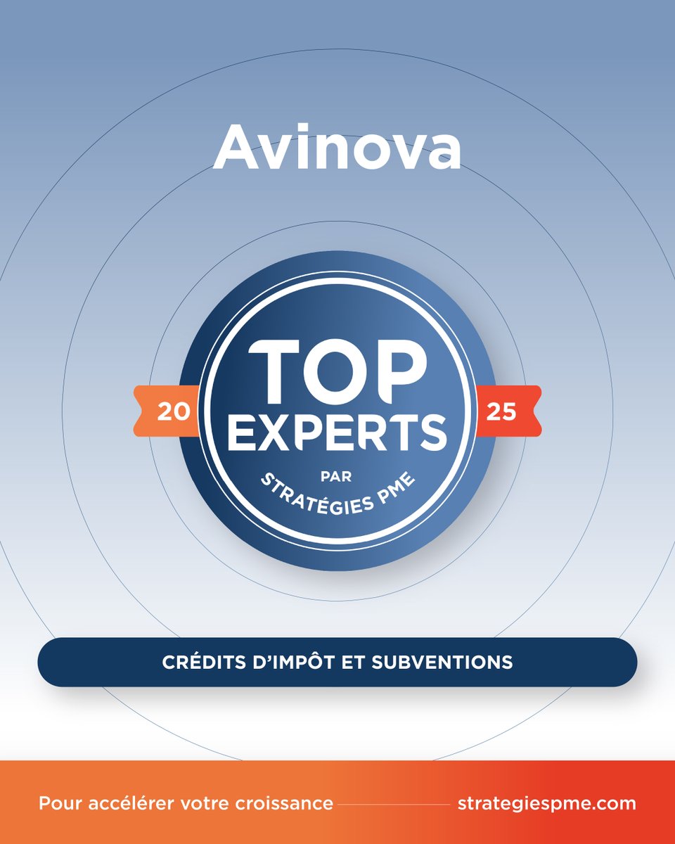 Stratégies PME est fier d’annoncer Avinova - Top Experts 2025 en Crédits d'impôt et subventions

Félicitations pour votre performance, atteignant un taux de satisfaction de 93 % lors de votre dernière participation à Stratégies PME.

topexpertspme.com - #TOPEXPERTSPME
