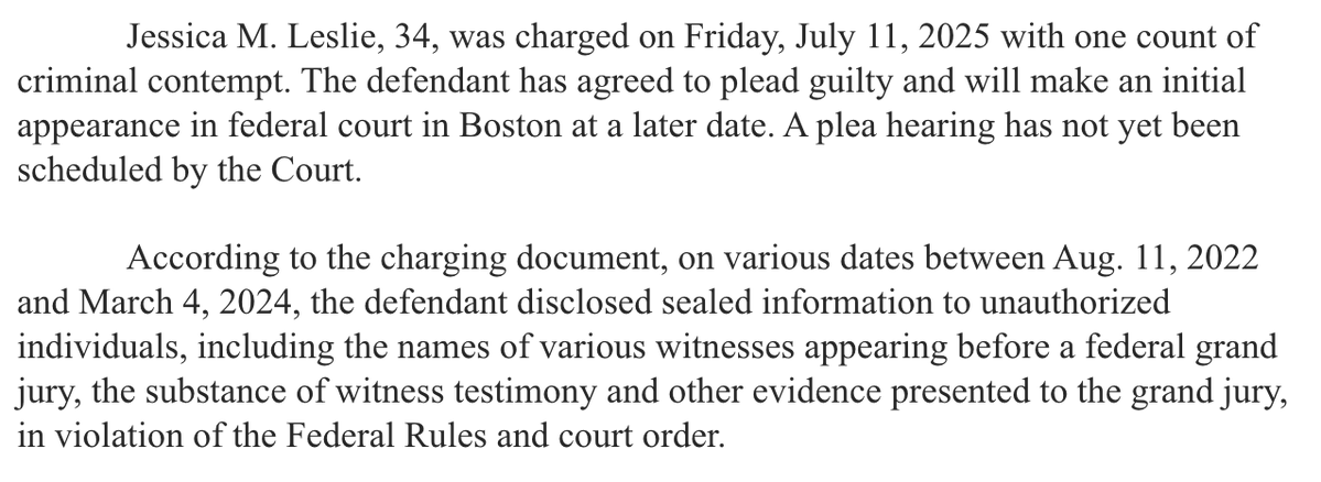 KristinaRex's tweet image. NEW: A grand juror in a federal case has agreed to plead guilty to 1 count of criminal contempt for leaking grand jury info from Aug. 11, 2022 to March 4, 2024, according to the US Attorney's Office (DOJ). See snippet of press release here. #WBZ