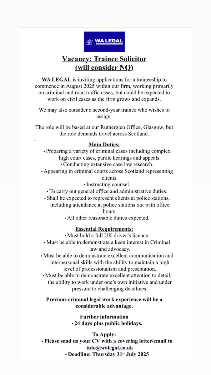 WALEGAL_'s tweet photo. We're inviting applications for the position of Trainee Solicitor. 
Deadline: 31 July 2025 https://t.co/AV9wXNUUP6