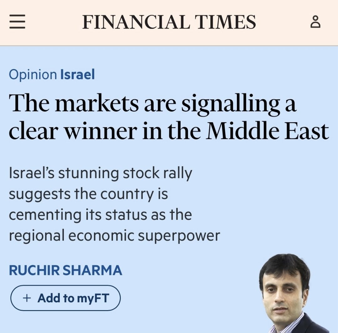AmbMeron's tweet image. ."Since the October 7 2023 attacks on Israel, the best-performing major stock market in the world is . . . Israel. After taking an initial hit, the market recovered fully in four weeks, and since then is up around 80 per cent in dollar terms."