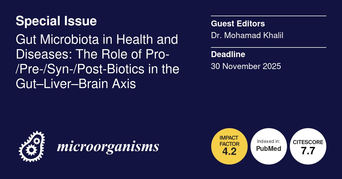 Micro_MDPI's tweet image. 🦠New Special Issue: Gut Microbiota in Health and Diseases: The Role of Pro-/Pre-/Syn-/Post-Biotics in the Gut–Liver–Brain Axis

👔Guest Editors: Dr. Mohamad Khalil and Prof. Dr. Piero Portincasa

🗓️Submission Deadline: 30 November 2025

🔎More: mdpi.com/journal/microo…