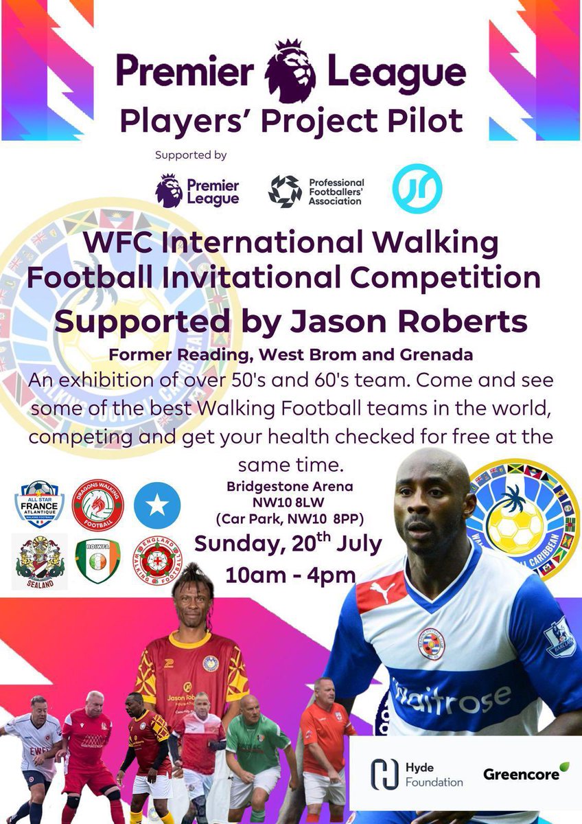 Jason Roberts Foundation (@jasonrobertsfdn) on Twitter photo Just under a week to go until we host the International Walking Football Invitational 🌍⚽
Proudly supported by <a href="/JasonRoberts30/">Jason Roberts</a> <a href="/PLCommunities/">Premier League Communities</a> <a href="/PFA/">PFA</a> as part of the Players’ Project Pilot.
Some of the best walking football teams around + free health checks on the day 👟💪 Just under a week to go until we host the International Walking Football Invitational 🌍⚽
Proudly supported by <a href="/JasonRoberts30/">Jason Roberts</a> <a href="/PLCommunities/">Premier League Communities</a> <a href="/PFA/">PFA</a> as part of the Players’ Project Pilot.
Some of the best walking football teams around + free health checks on the day 👟💪