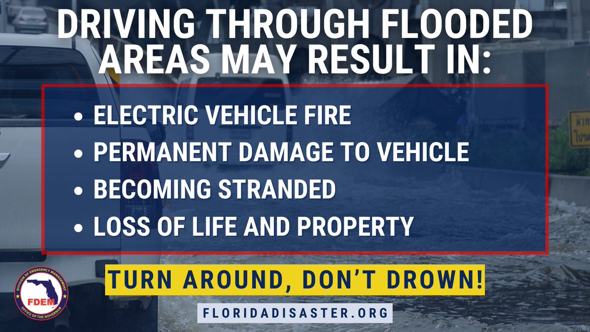FLSERT's tweet image. ⚠️ 7/15/25: Remember, TURN AROUND, DON'T DROWN!
Some areas of the state may experience flooding from heavy rain. The risk isn't worth it, avoid flooded roads even if they seem shallow.
Continue to monitor your local forecast & follow all weather guidance!