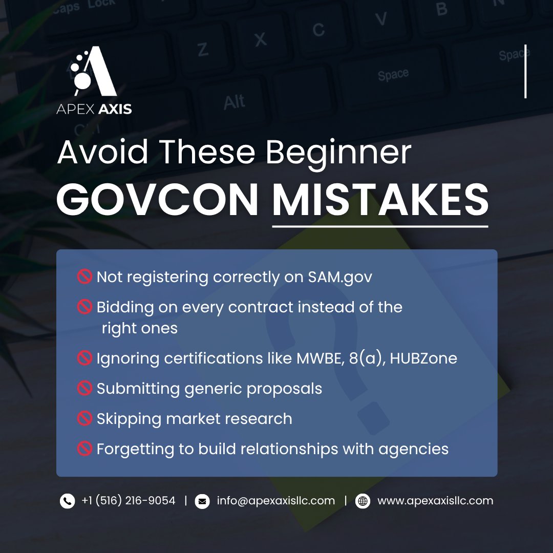 ApexAxisLLC's tweet image. Avoid These Costly GovCon Mistakes!
At Apex Axis LLC, we help you navigate government contracting the right way—strategically, smartly, and successfully.
Start strong. Stay compliant. Win more.
apexaxisllc.com | #ApexAxis #GovConSupport #GovernmentContracts #SAMgov